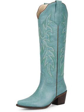 Women Matte Blue Faux Leather Cuban Heel And Pointed Toe Cowgirl Western Boots
